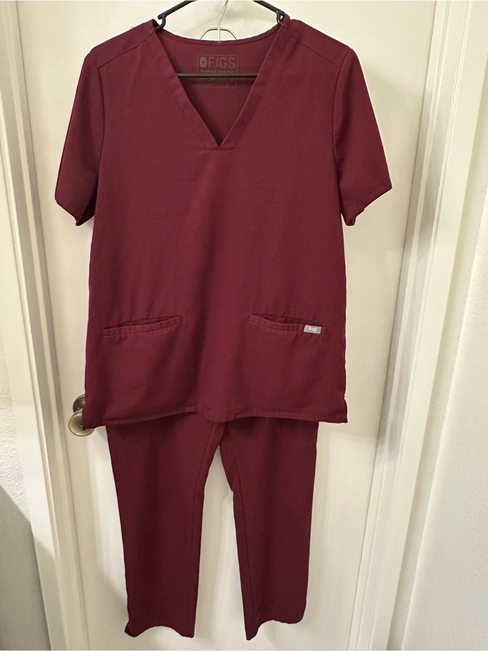 FIGS Women's V-Neck Scrub Top and pants set in Burgundy